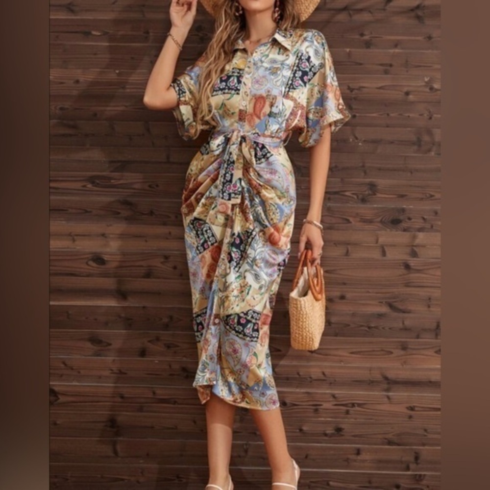 Shein Paisley Print Batwing Sleeve Belted Satin Shirt Dress